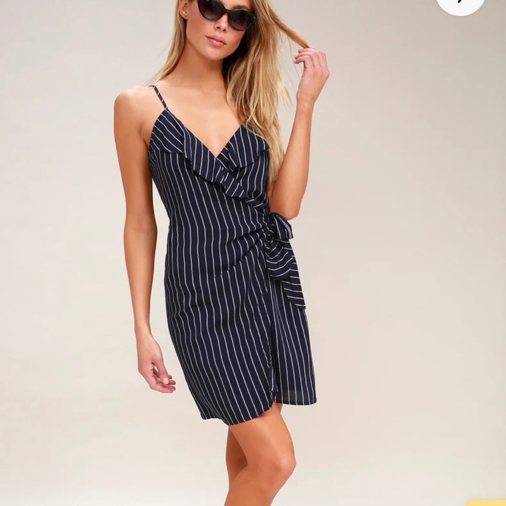 Lulu’s Ruffle Navy Striped Tie-front mini dress